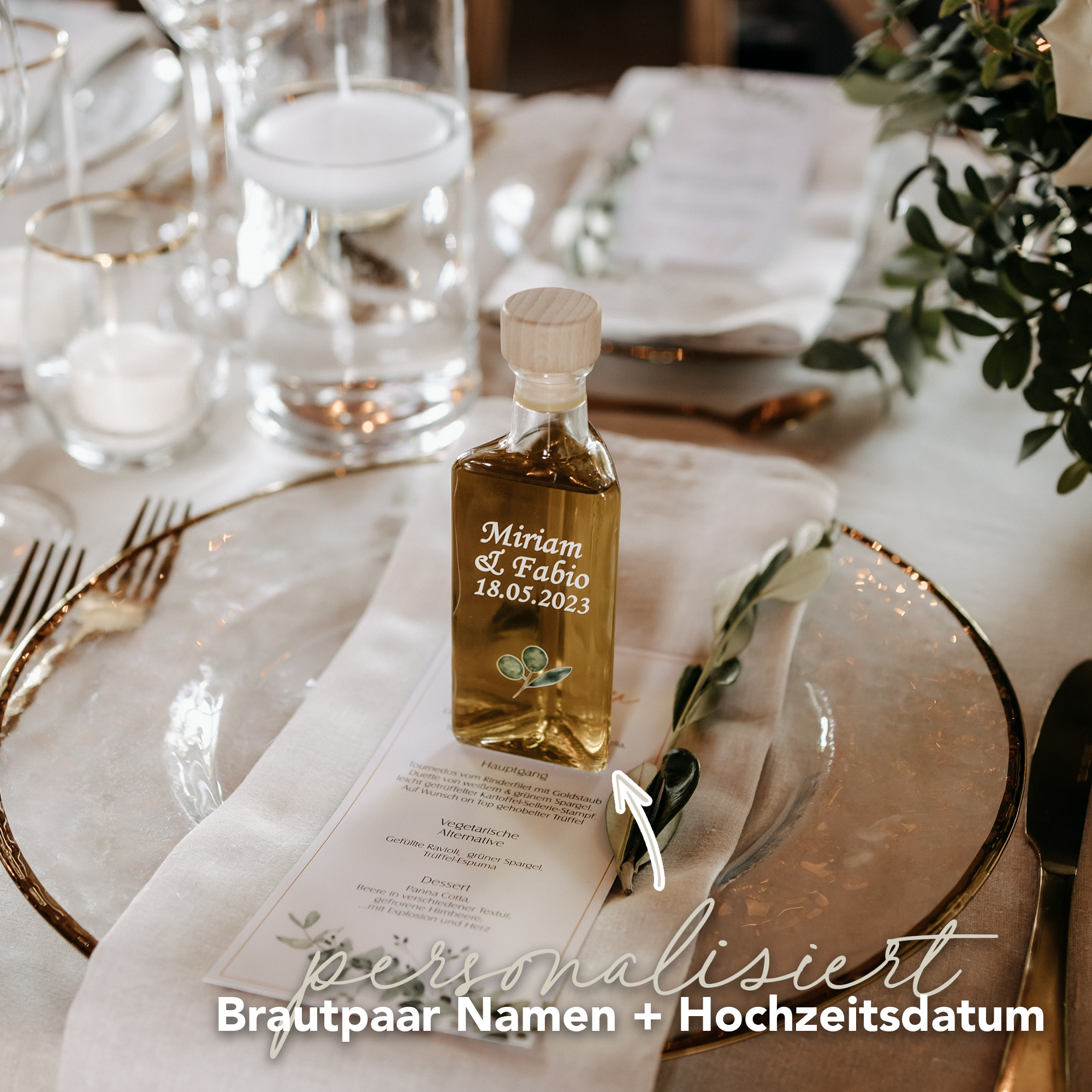 Olivenflasche Gastgeschenk zur Hochzeit - Personalisierte Glasflasche