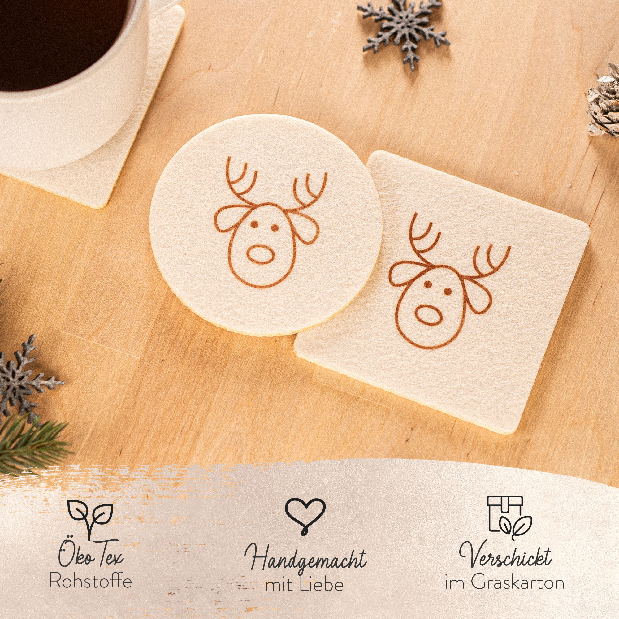 4er Set Filz Untersetzer für Gläser und Tassen, Weihnachten HoHoHo, Christmas