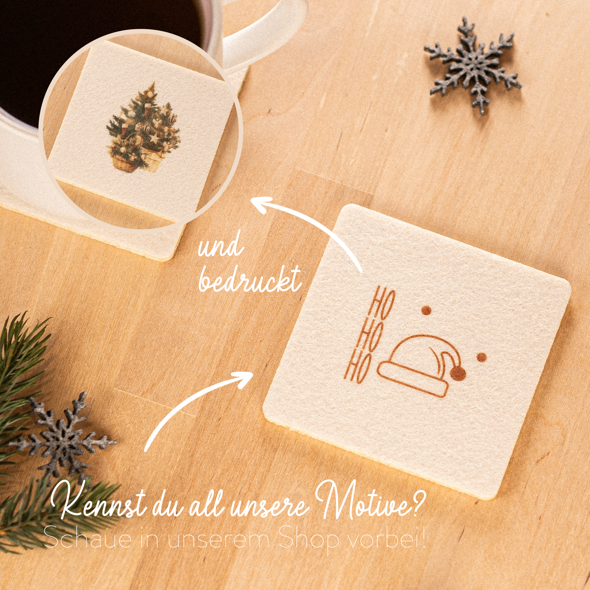 4er Set Filz Untersetzer für Gläser und Tassen, Weihnachten Rentier, Christmas