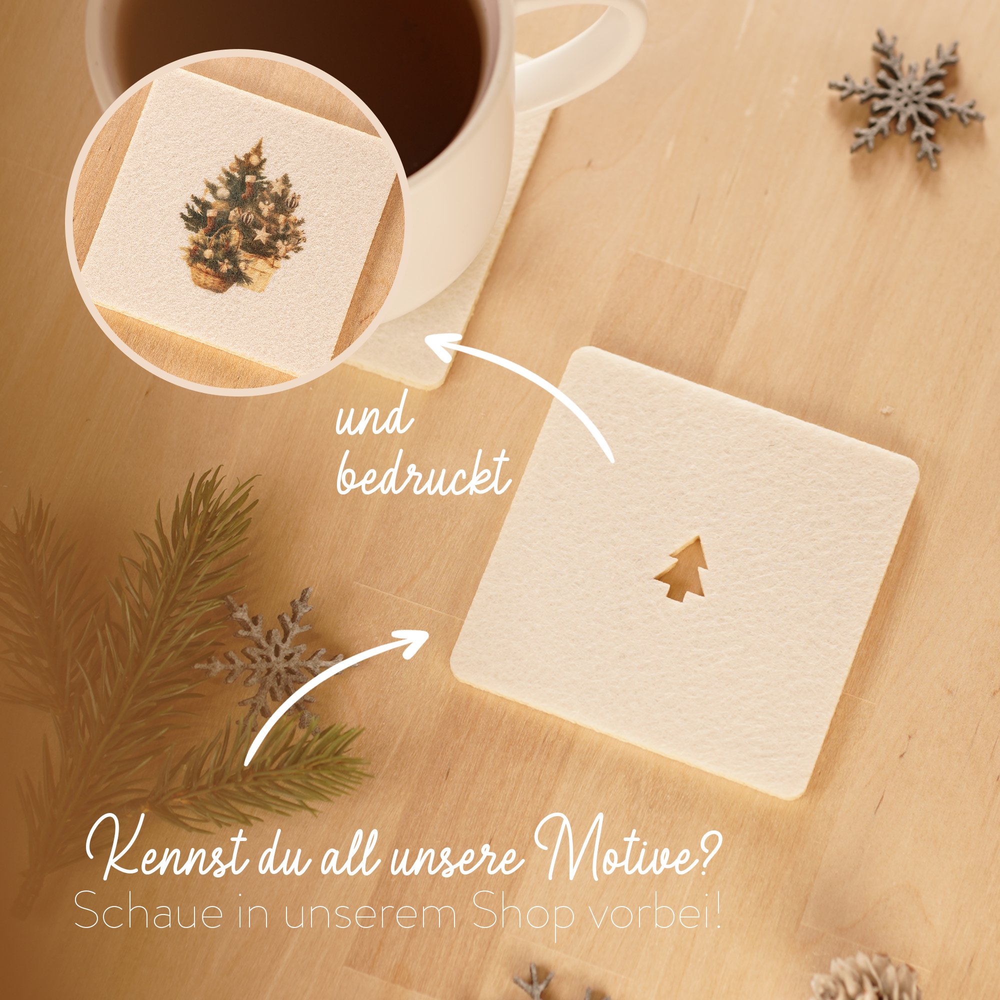4er Set Filz Untersetzer für Gläser und Tassen, Weihnachten HoHoHo, Christmas