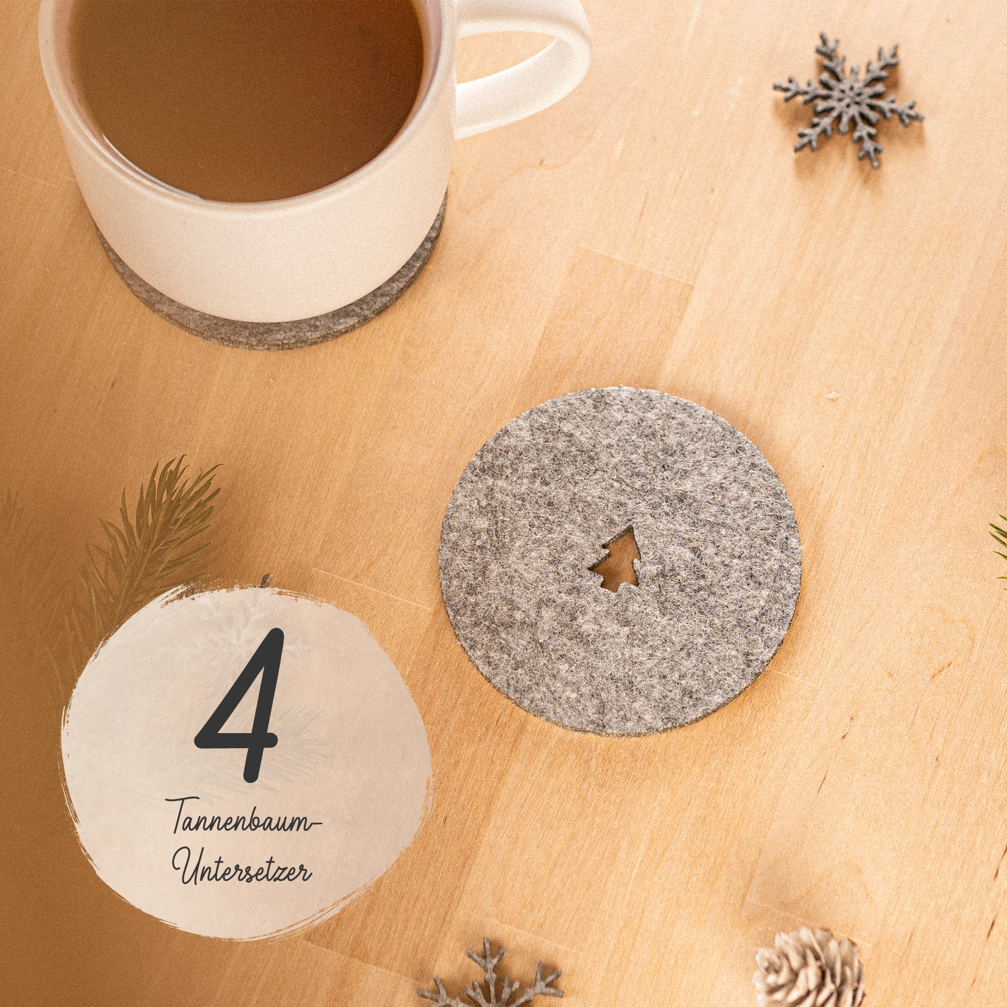 4er Set Filz Untersetzer für Gläser und Tassen, Weihnachten Tannenbaum, Christmastree, Rechteckig