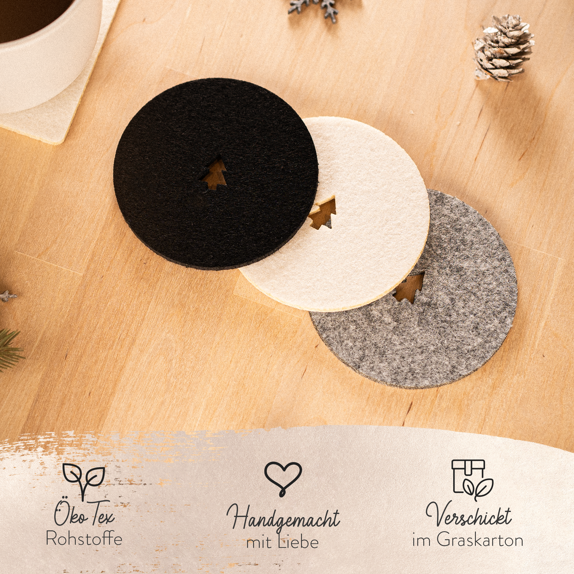 4er Set Filz Untersetzer für Gläser und Tassen, Weihnachten Tannenbaum, Christmastree, Rechteckig