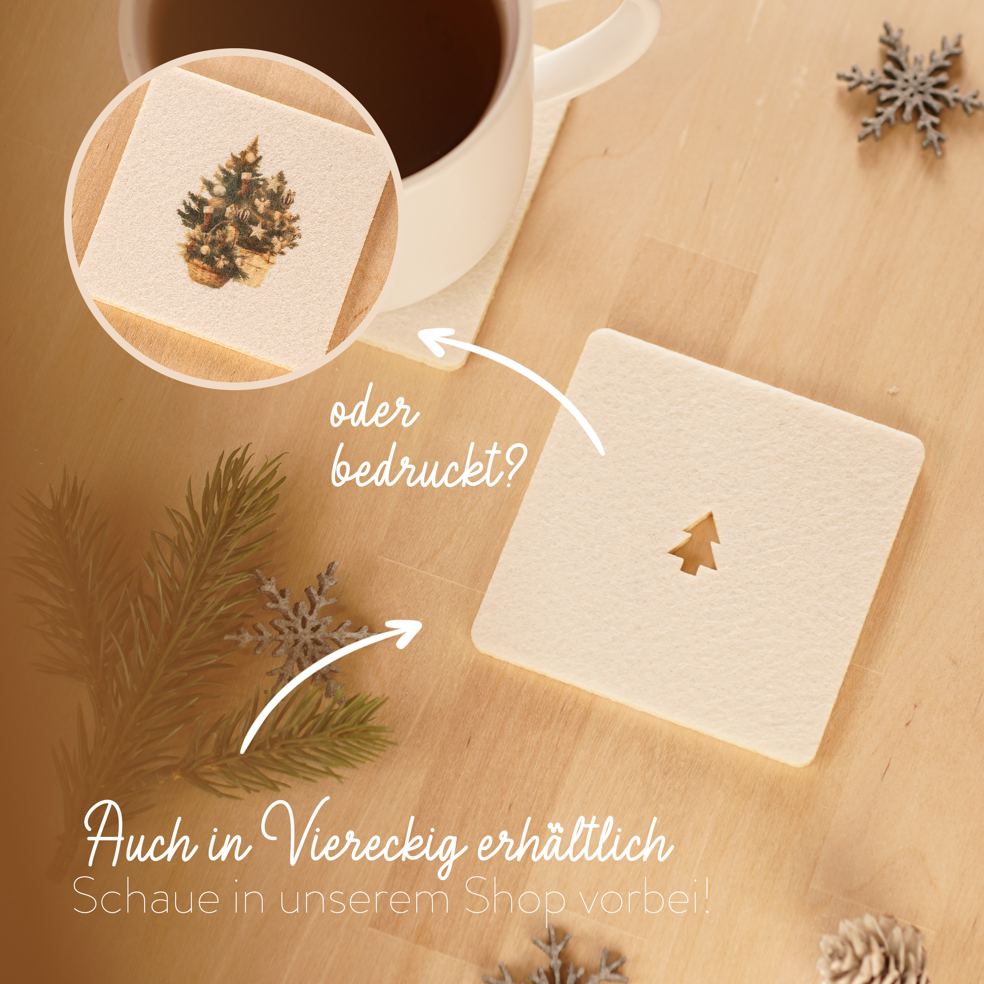 4er Set Filz Untersetzer für Gläser und Tassen, Weihnachten Tannenbaum, Christmastree, Rechteckig
