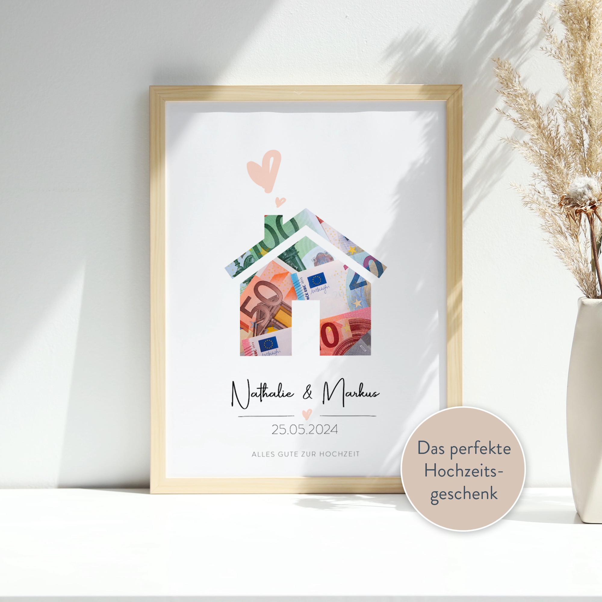 Hochzeitsgeschenk Poster inkl. Rahmen - "HAUS" - Geldgeschenk zur Hochzeit