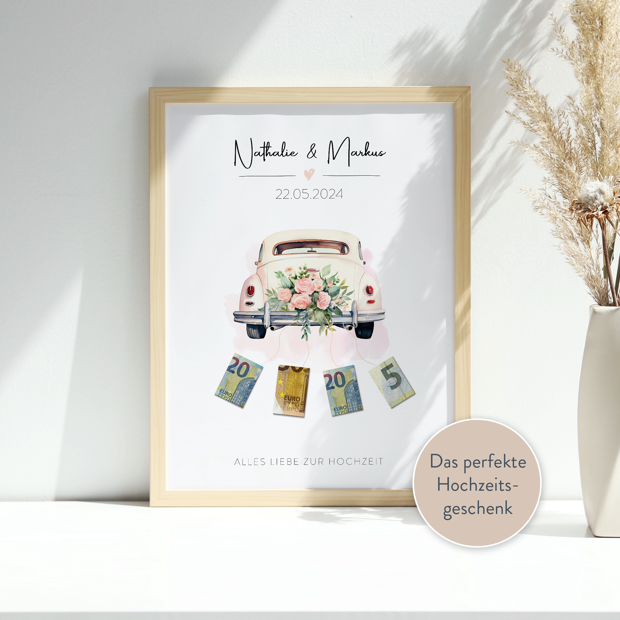 Hochzeitsgeschenk Poster inkl. Rahmen - "AUTOANHÄNGER" - Geldgeschenk zur Hochzeit