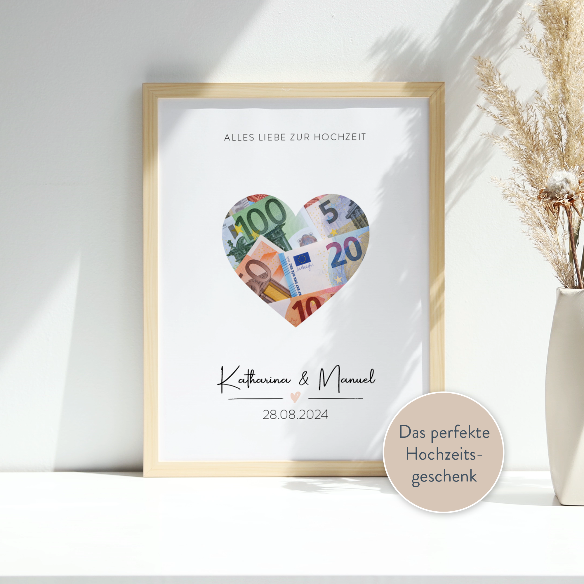 Hochzeitsgeschenk Poster inkl. Rahmen - "HERZ" - Geldgeschenk zur Hochzeit