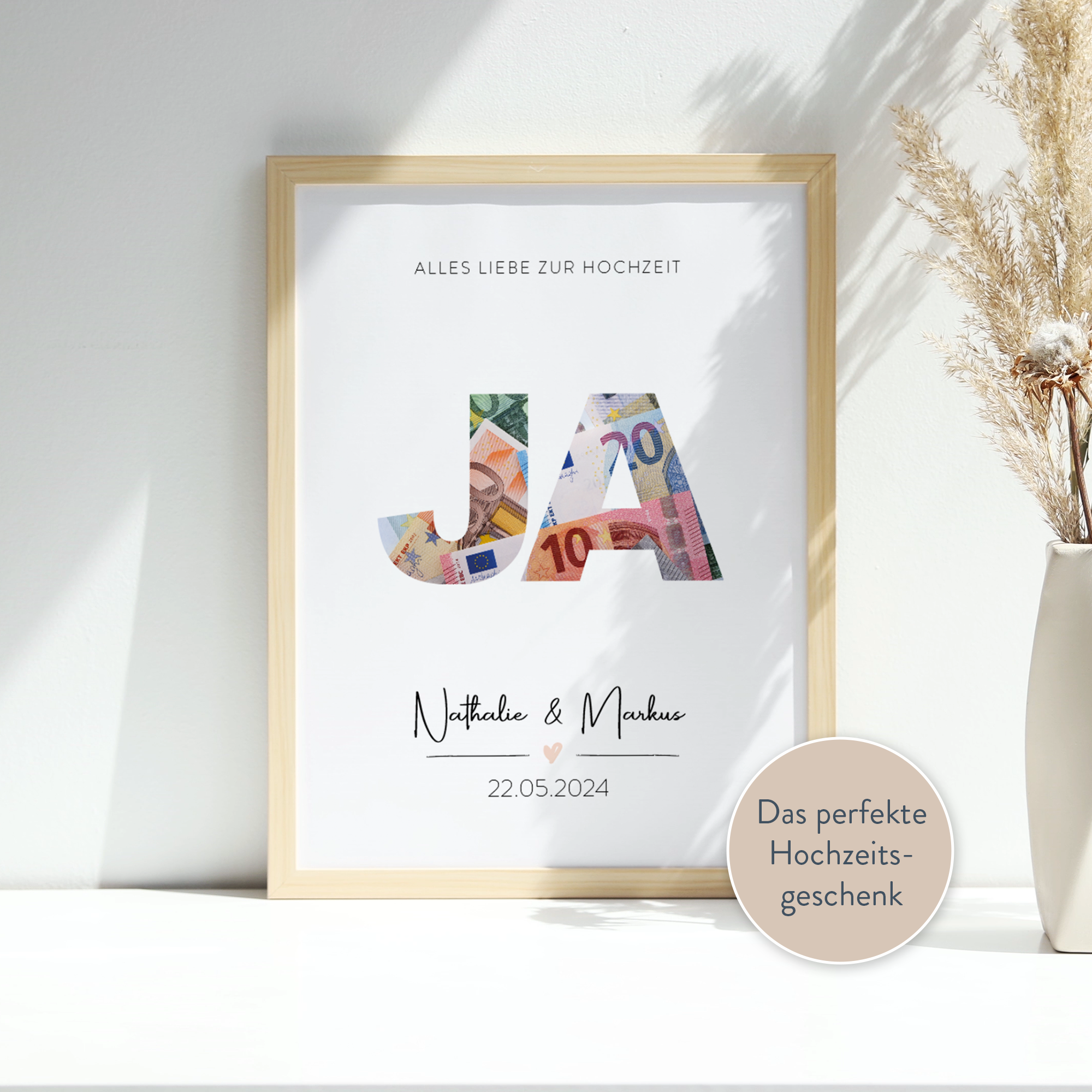 Hochzeitsgeschenk Poster inkl. Rahmen - "JA" - Geldgeschenk zur Hochzeit