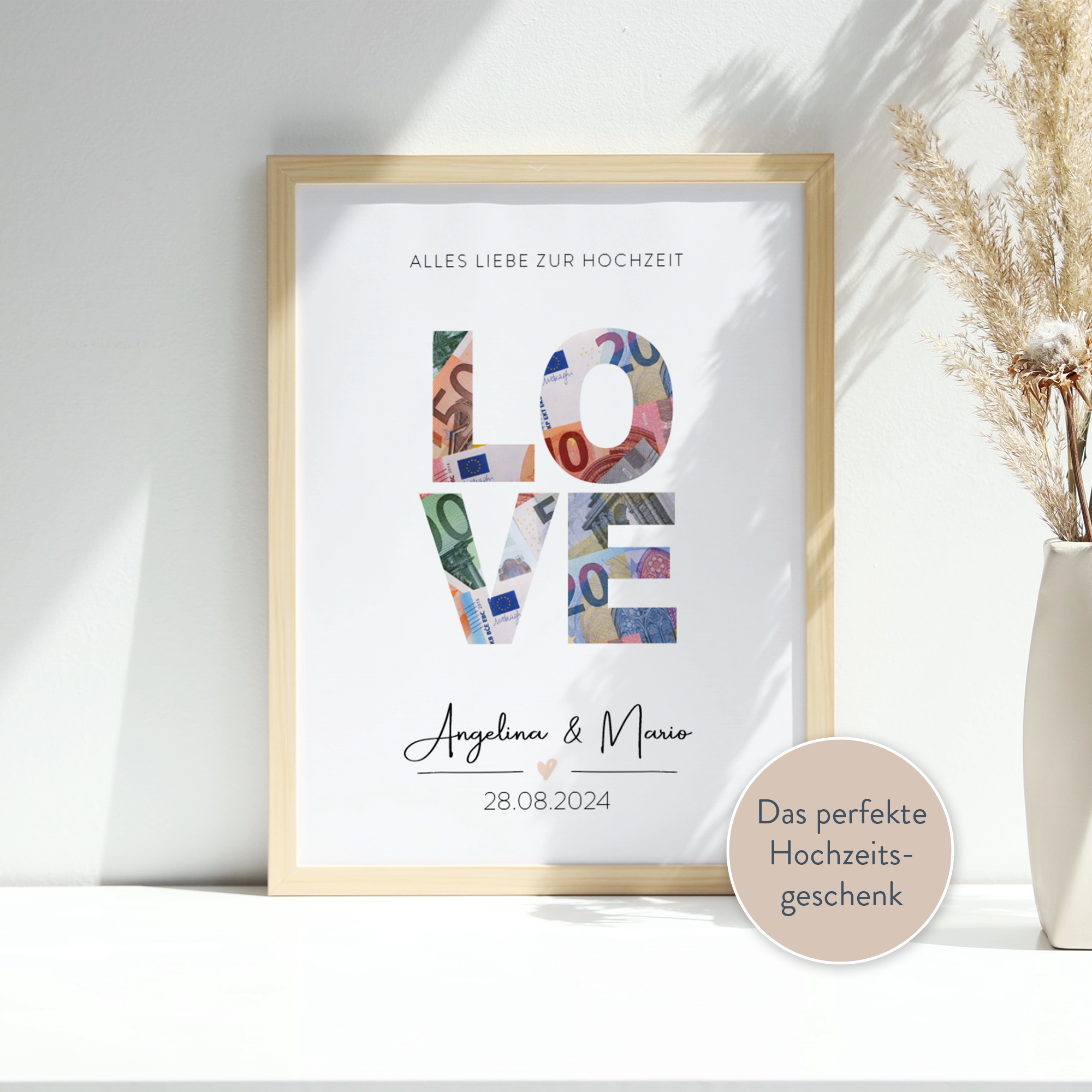 Hochzeitsgeschenk Poster inkl. Rahmen - "LOVE" - Geldgeschenk zur Hochzeit