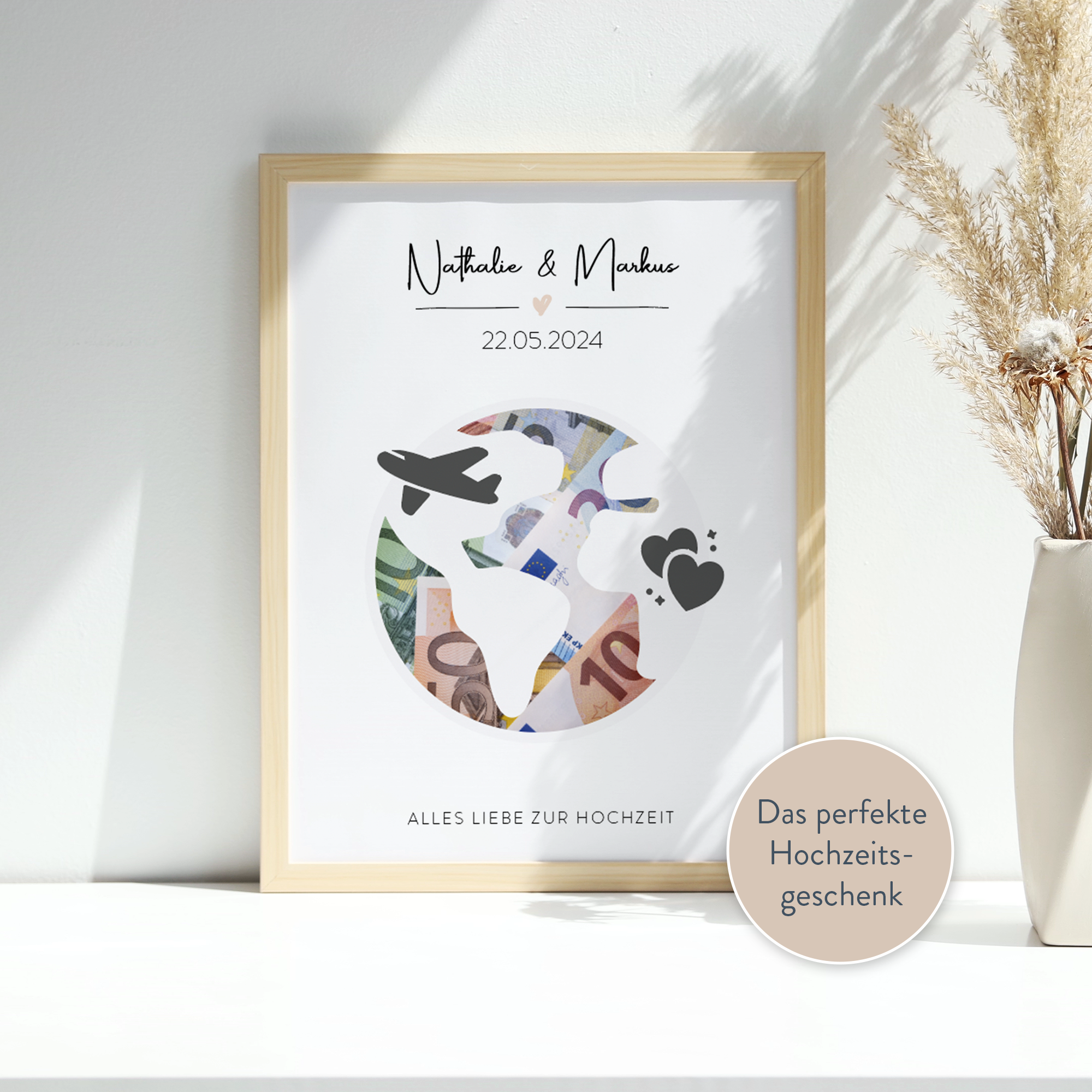 Hochzeitsgeschenk Poster inkl. Rahmen - "WELTKUGEL" - Geldgeschenk zur Hochzeit