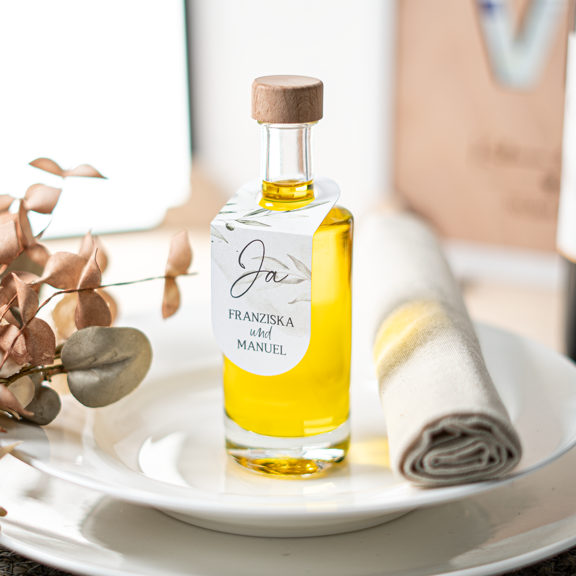 Glas mit personalisierter Papierbanderole | Gastgeschenk | z.B. Olivenöl, Rum, Likör, Sirup