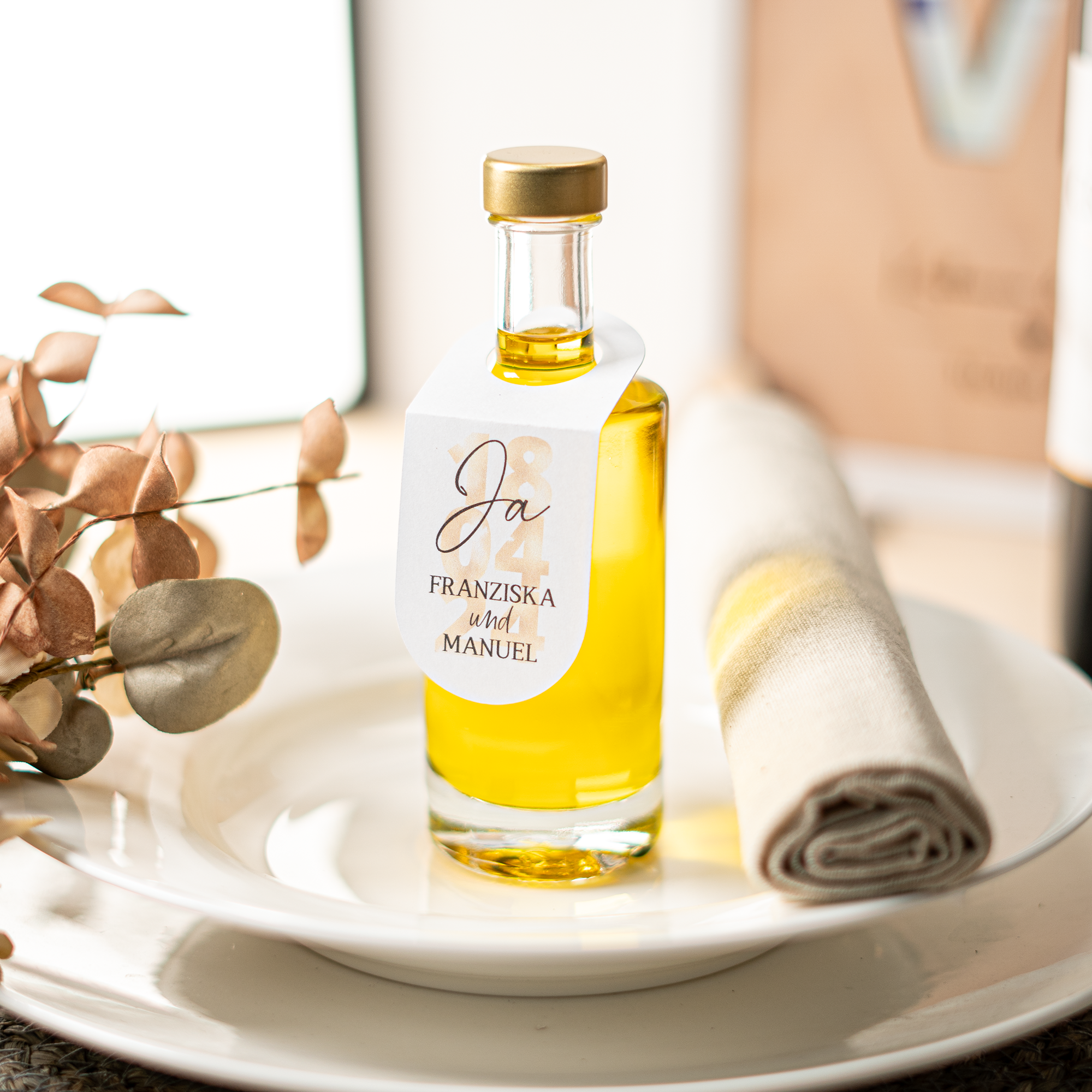 Glas mit personalisierter Papierbanderole | Gastgeschenk | z.B. Olivenöl, Rum, Likör, Sirup