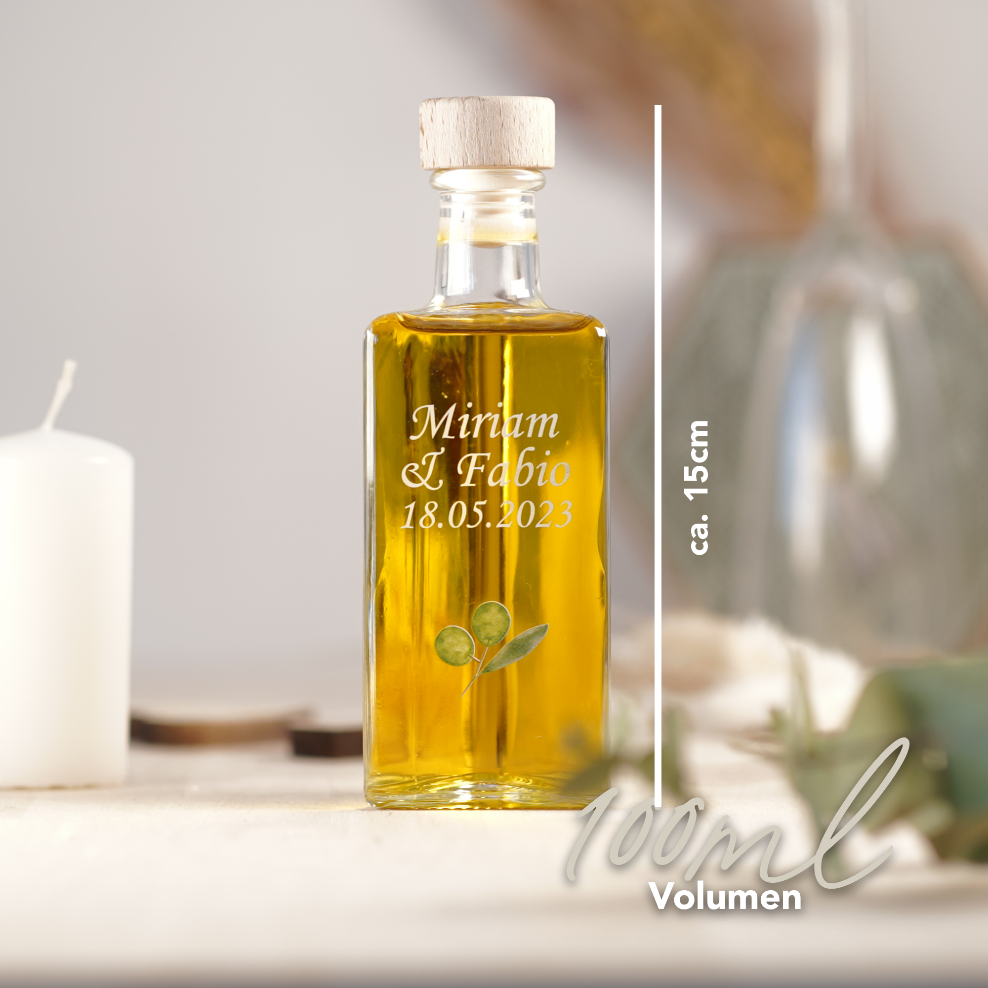 Olivenflasche Gastgeschenk zur Hochzeit -  Personalisierte Glasflasche