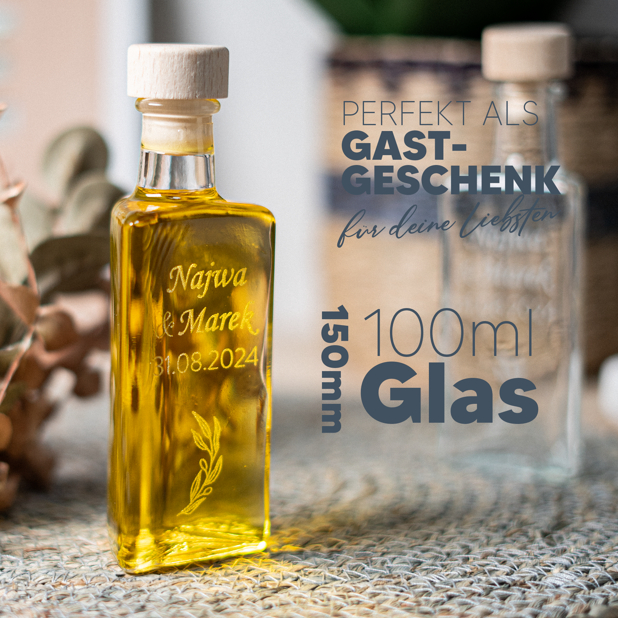 Gravierte personalisierte Glasflasche 100ml | Gastgeschenk | z.B. Olivenöl, Rum, Likör, Sirup