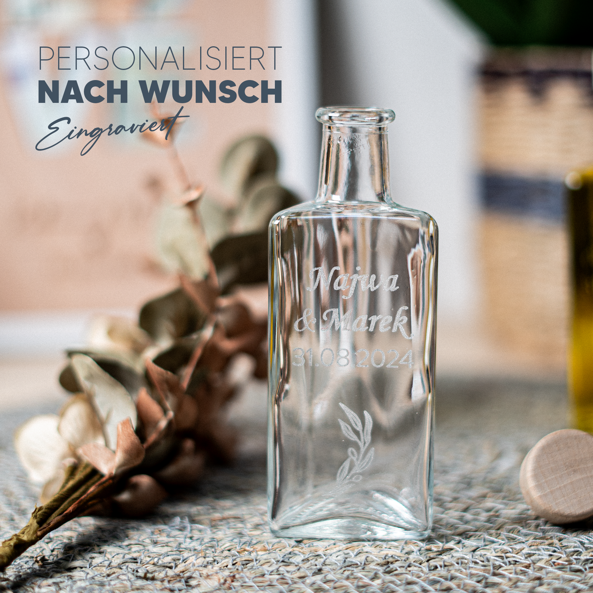 Gravierte personalisierte Glasflasche 100ml | Gastgeschenk | z.B. Olivenöl, Rum, Likör, Sirup
